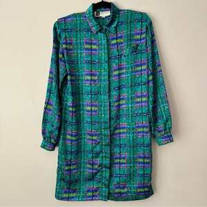 Don Elliot Vintage Size 8 Teal Plaid Long Sleeve Button‎ Up Sport Dress